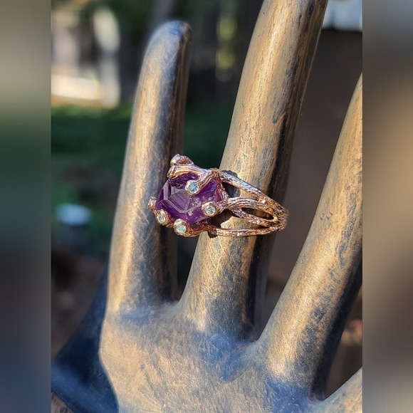 Amethyst raw nugget w/topaz accent stones sterling &rose gold ring sz7.75 - Picture 10 of 12